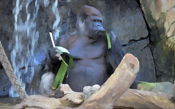 HD PC desktop wallpaper of a gorilla ape primate monkey in a painting: holds leaves by a rocky waterfall, an animal-themed background.