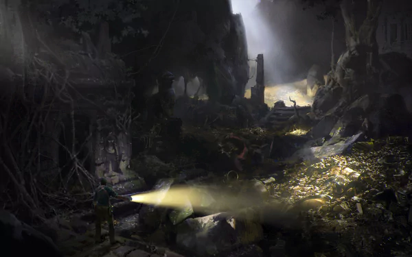 An adventurer with a flashlight explores a mystical cave illuminated by sunlight, uncovering hidden treasures amidst ancient ruins. This HD wallpaper evokes a sense of fantasy and adventure.
