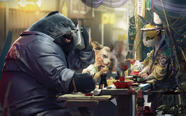 HD fantasy wallpaper depicting an oriental setting with anthropomorphic cats enjoying Japanese food. One cat is talking on a phone while others dine at a table.