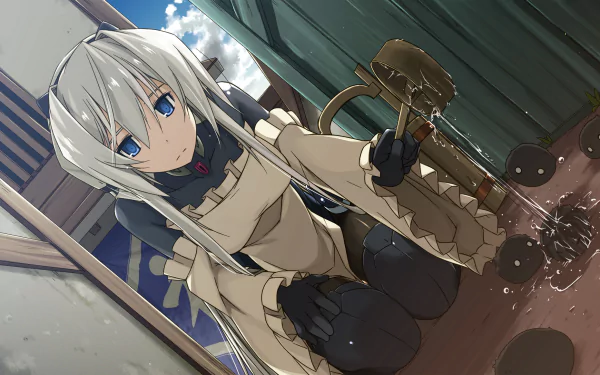 Horizon Ariadust from Horizon in the Middle of Nowhere — anime HD PC desktop wallpaper and background: silver-haired girl with blue eyes kneeling on a wooden floor, sparks flying from a metal tool.