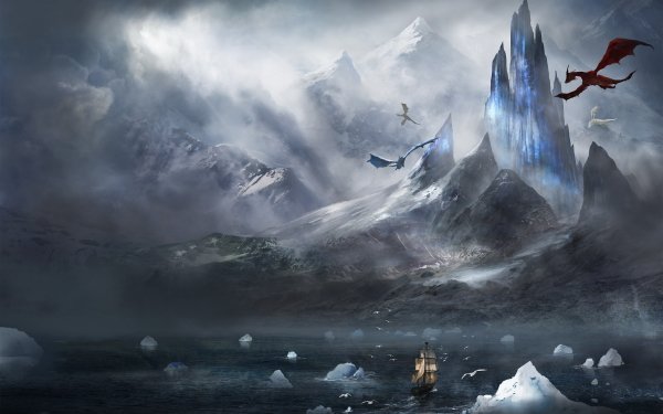 Fantasy Dragon Ship Sunbeam Landscape Iceberg Mountain HD Wallpaper | Background Image