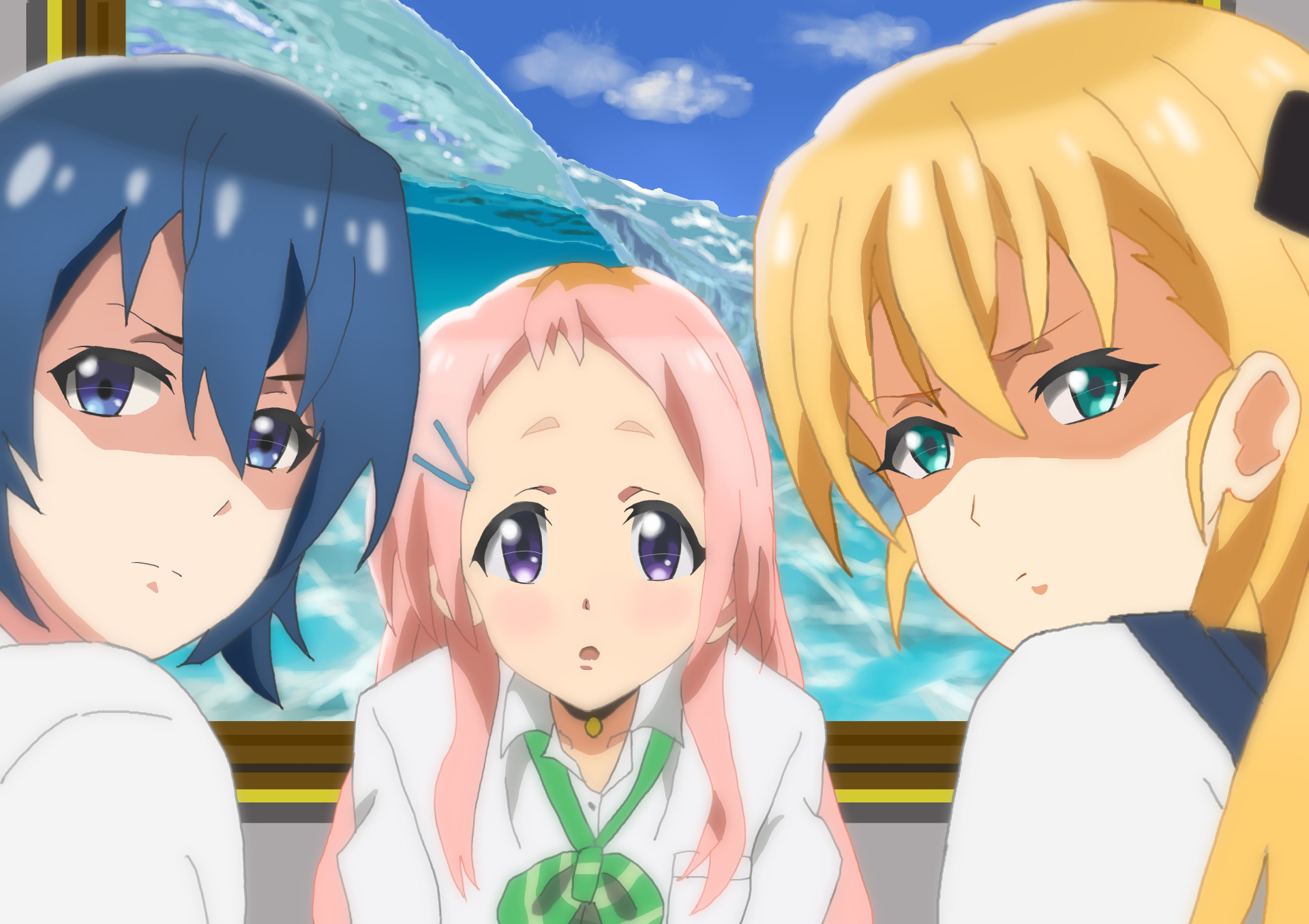HD anime-style PC desktop wallpaper featuring three gamers with distinct hair colors, framed against a bright blue sky and ocean backdrop.