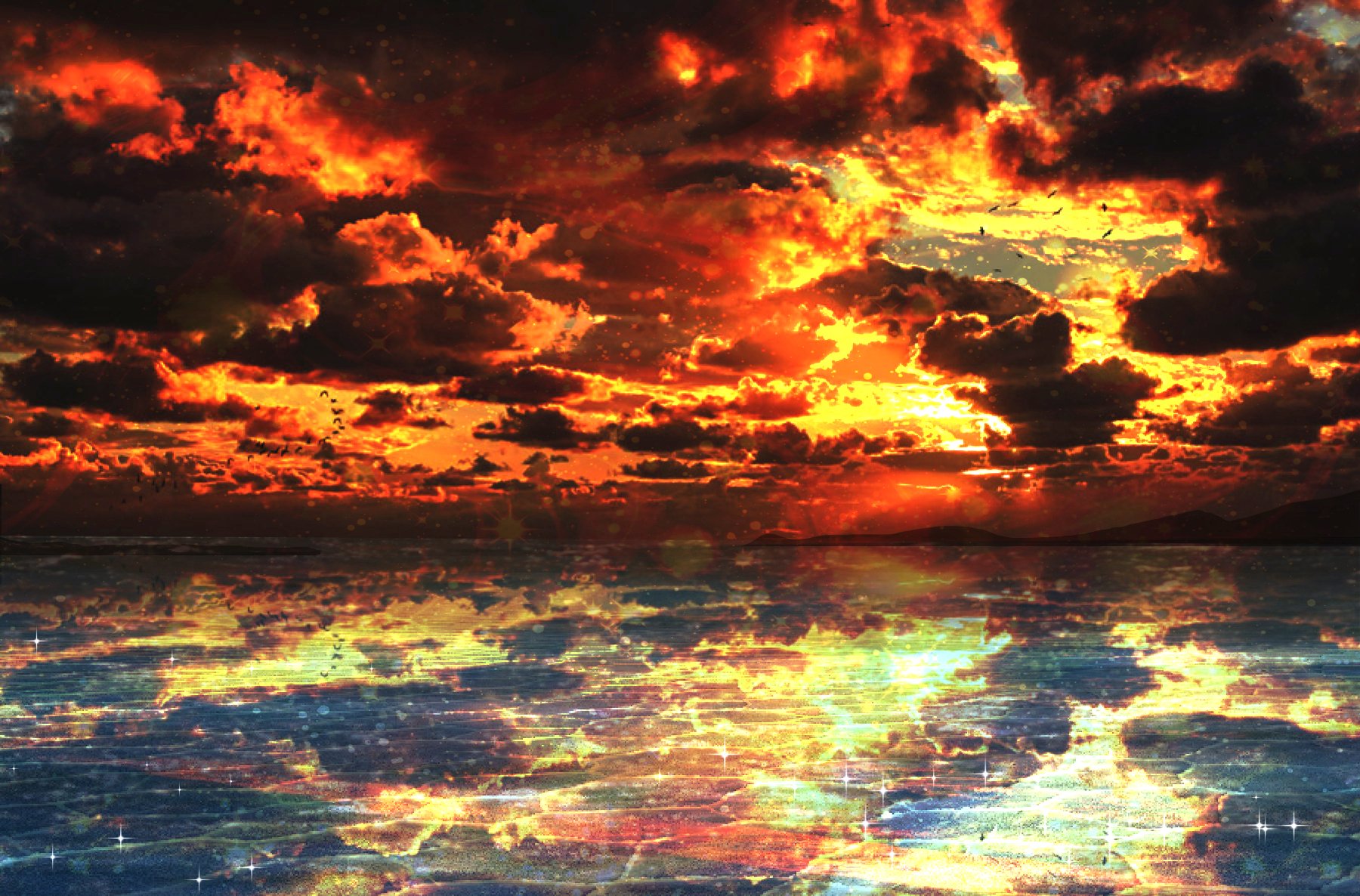 Anime-style HD wallpaper depicting a dramatic sky filled with fiery clouds, reflecting off a serene, glass-like body of water. This original artwork blends vibrant colors to create a captivating, surreal scene.