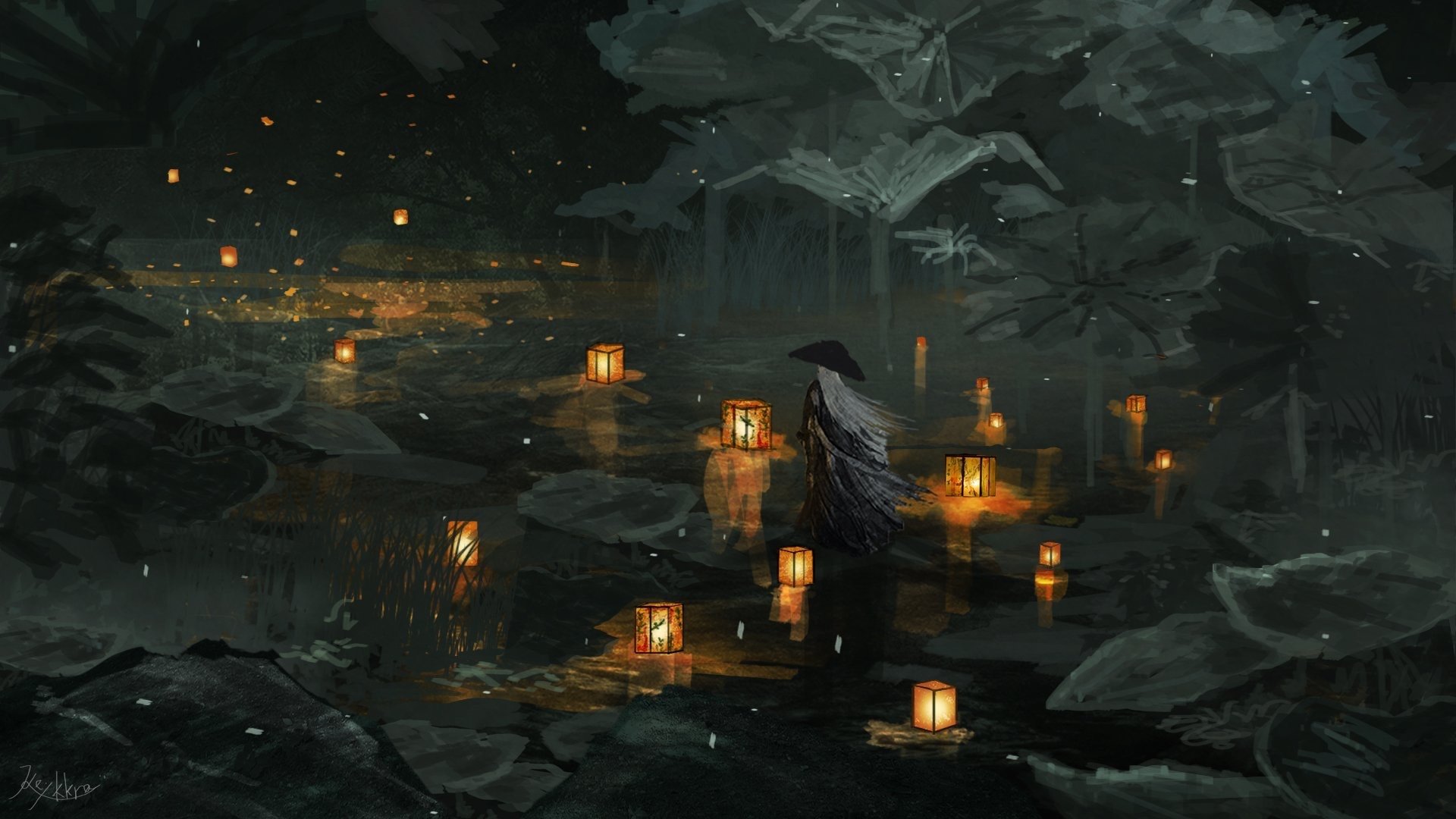HD anime desktop wallpaper featuring a white-haired figure with long hair holding a lantern, surrounded by glowing lanterns floating on water in a dark, lush forest.