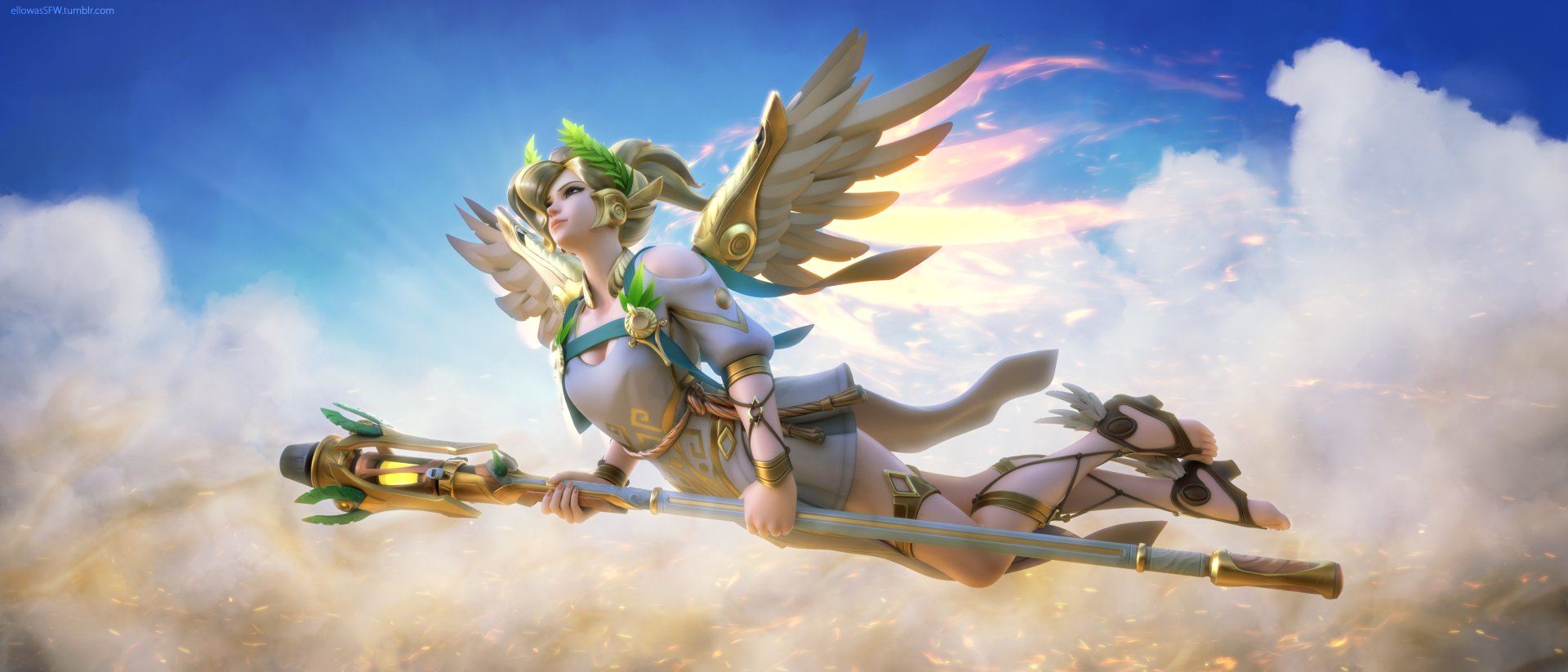 A stunning 4K Ultra HD wallpaper featuring Mercy from Overwatch, gracefully soaring through a vibrant sky, showcasing her angelic design and healer role in the popular video game.