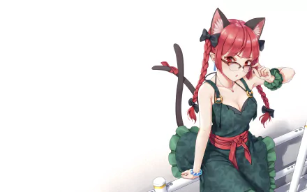 Rin Kaenbyou from Touhou anime, depicted in HD as a red-haired cat-eared character with glasses, wearing a dark dress, set against a minimalistic white background.