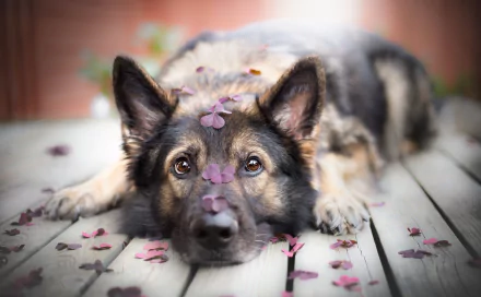 Close-up 4K Ultra HD image of a German Shepherd lying with a focused stare, surrounded by scattered petals, showcasing sharp muzzle detail and a blurred background.