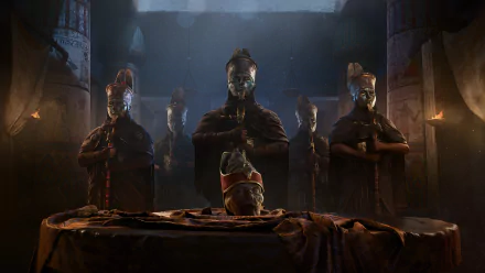 Five guards in Ancient Egyptian attire stand behind a table with a severed head. Atmospheric, dark setting from Assassin's Creed Origins. HD desktop wallpaper and background.