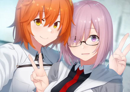 HD PC desktop wallpaper featuring Mashu Kyrielight and Shielder from Fate/Grand Order in an anime style, both making peace signs and smiling.
