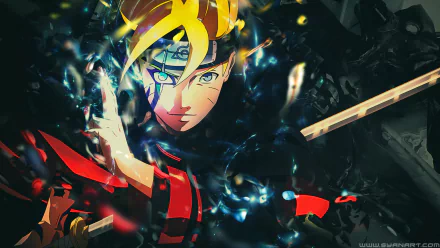 HD PC desktop wallpaper featuring Boruto Uzumaki with glowing Jōgan eyes from the anime Boruto, surrounded by dynamic energy effects and dark contrast.