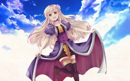 Anime original HD PC desktop wallpaper: cheerful long-blonde girl in a purple Victorian-style dress and cape, floating against a vivid blue sky dotted with clouds.