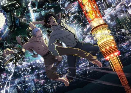 HD desktop wallpaper featuring Hiro Shishigami and Ichirou Inuyashiki from the anime Inuyashiki, set against a vibrant, night-time cityscape with vivid lights and action-filled poses.