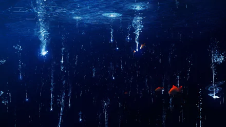 Anime-style underwater scene with light filtering through water and fish swimming, presented as an HD desktop wallpaper background.