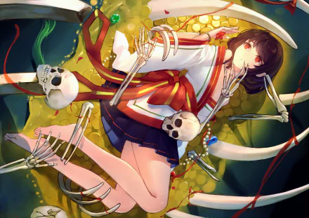 Anime-style HD desktop wallpaper of a girl with short hair and red eyes in Japanese clothes, lying among treasure and skeletal remains, blending vibrant colors and eerie atmosphere.