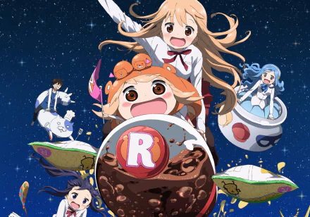 HD desktop wallpaper and background featuring Sylphynford Tachibana, Kirie Motoba, Umaru Doma, and Taihei Doma from the anime Himouto! Umaru-chan, with characters enjoying a space-themed adventure.