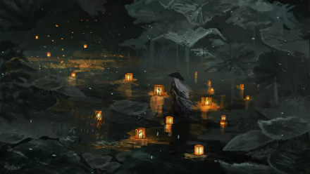HD anime desktop wallpaper featuring a white-haired figure with long hair holding a lantern, surrounded by glowing lanterns floating on water in a dark, lush forest.
