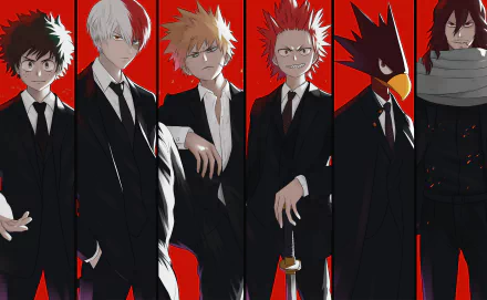 HD desktop wallpaper featuring My Hero Academia characters Fumikage Tokoyami, Shoto Todoroki, Izuku Midoriya, Eijiro Kirishima, Katsuki Bakugou, and Shouta Aizawa in stylish black suits against a red background.