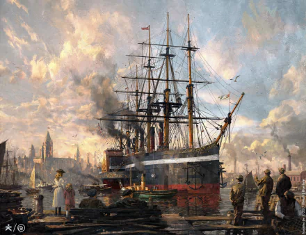 HD desktop wallpaper featuring a painting from the video game Anno 1800, depicting a bustling harbor scene with a large steamboat, people, and a vibrant sky in the background.