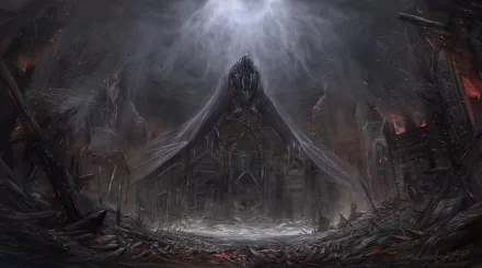 HD desktop wallpaper featuring a fantasy scene of a town in ruins and destruction with a dragon looming over the landscape.