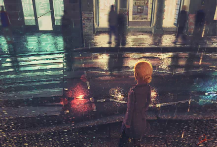 A HD anime wallpaper depicting a blonde character standing on a rainy street with reflections from streetlights and buildings.