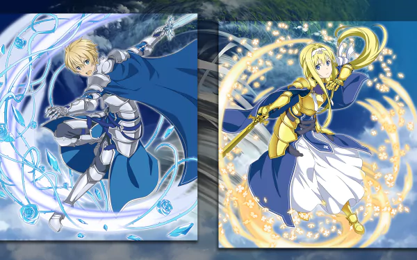 HD PC desktop wallpaper featuring Alice Zuberg and Eugeo from Sword Art Online: Memory Defrag, depicted in dynamic anime style from the Sword Art Online series.