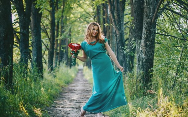 Women Model Depth Of Field Path Tree-Lined Blonde Blue Eyes Smile Bouquet Necklace HD Wallpaper | Background Image