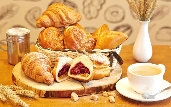 HD desktop wallpaper featuring a still life of coffee, croissants, and viennoiserie arranged on a wooden board with a cup of coffee and vase in the background.
