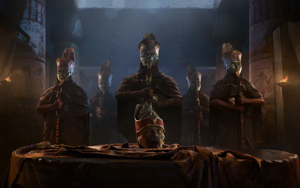 Five guards in Ancient Egyptian attire stand behind a table with a severed head. Atmospheric, dark setting from Assassin's Creed Origins. HD desktop wallpaper and background.
