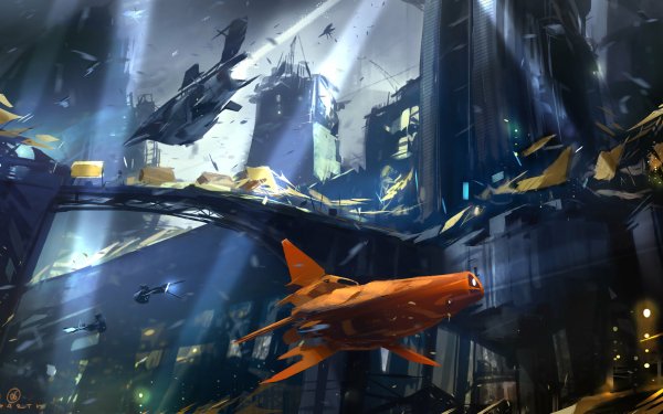 Sci Fi City Futuristic Building Spotlight Aircraft HD Wallpaper | Background Image