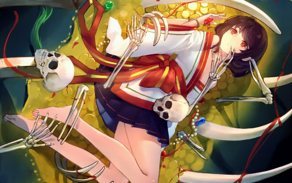 Anime-style HD desktop wallpaper of a girl with short hair and red eyes in Japanese clothes, lying among treasure and skeletal remains, blending vibrant colors and eerie atmosphere.