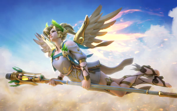 A stunning 4K Ultra HD wallpaper featuring Mercy from Overwatch, gracefully soaring through a vibrant sky, showcasing her angelic design and healer role in the popular video game.