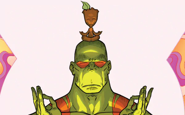 HD desktop wallpaper featuring an illustration of Drax The Destroyer meditating with Baby Groot seated on his head, inspired by Guardians of the Galaxy Vol. 2.