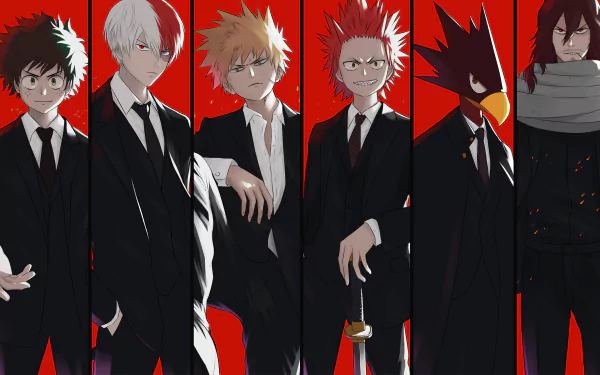 HD desktop wallpaper featuring My Hero Academia characters Fumikage Tokoyami, Shoto Todoroki, Izuku Midoriya, Eijiro Kirishima, Katsuki Bakugou, and Shouta Aizawa in stylish black suits against a red background.
