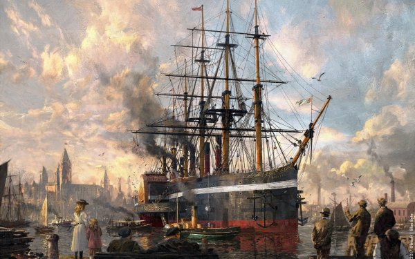 Video Game Anno 1800 Boat Painting People Ship Steamboat HD Wallpaper | Background Image