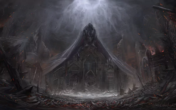 HD desktop wallpaper featuring a fantasy scene of a town in ruins and destruction with a dragon looming over the landscape.