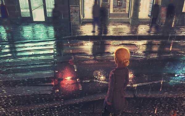 Anime Rain Street Reflection Blonde HD Wallpaper | Background Image
