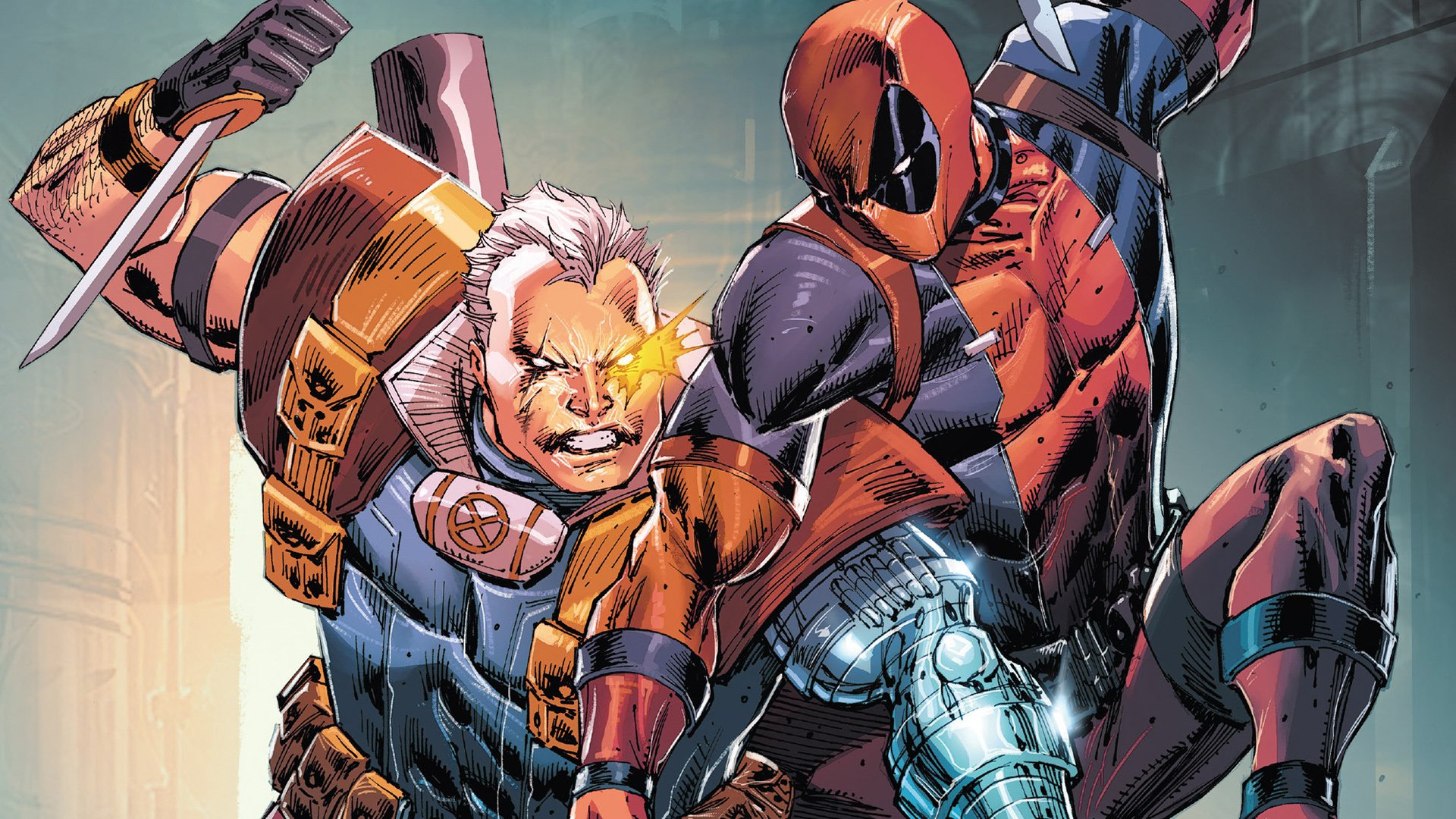 HD PC desktop wallpaper featuring Marvel Comics characters Cable and Deadpool in dynamic action poses from a comic scene.