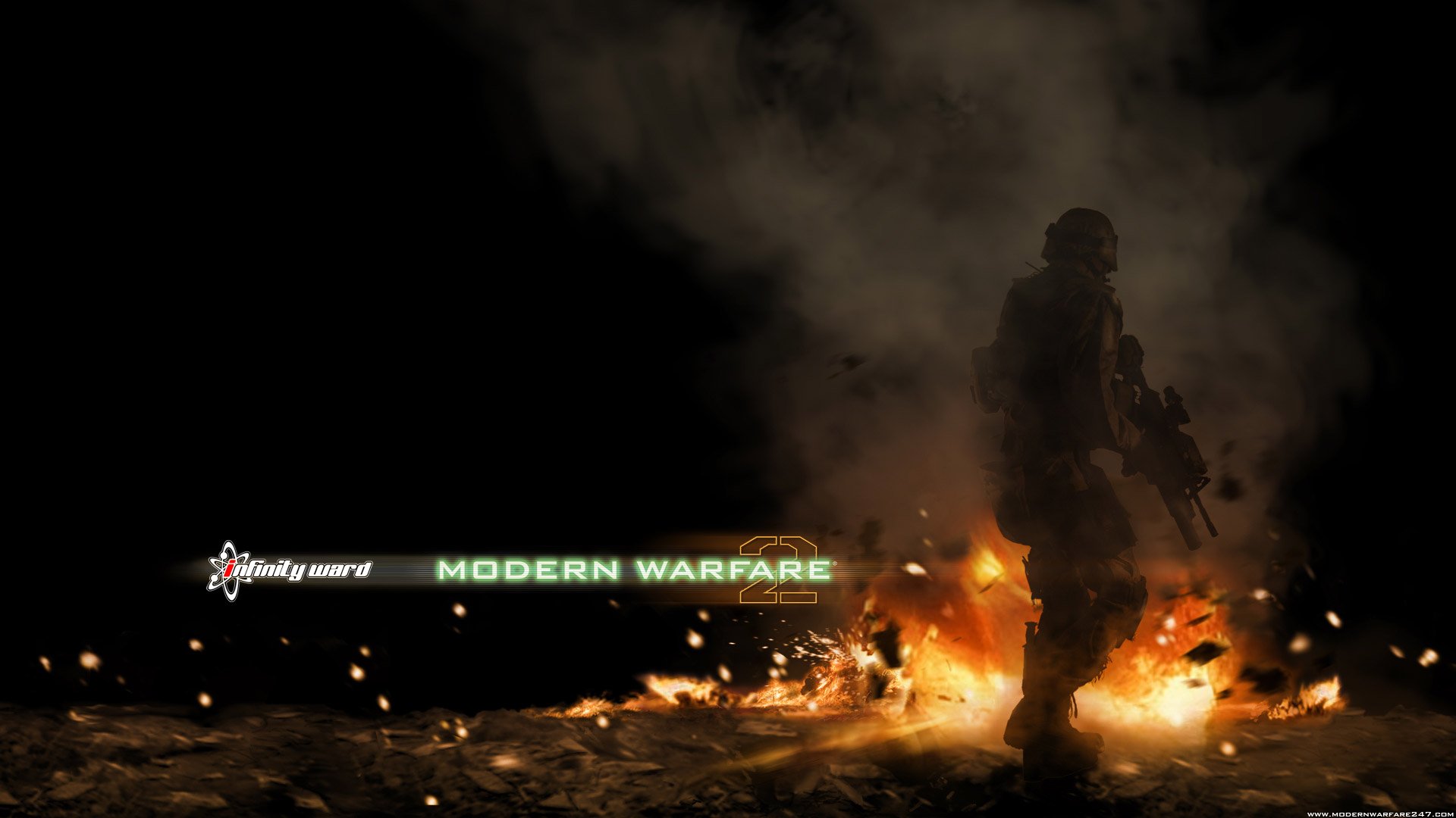 HD PC desktop wallpaper featuring a soldier silhouette amid fiery explosions from the video game Call of Duty: Modern Warfare 2.
