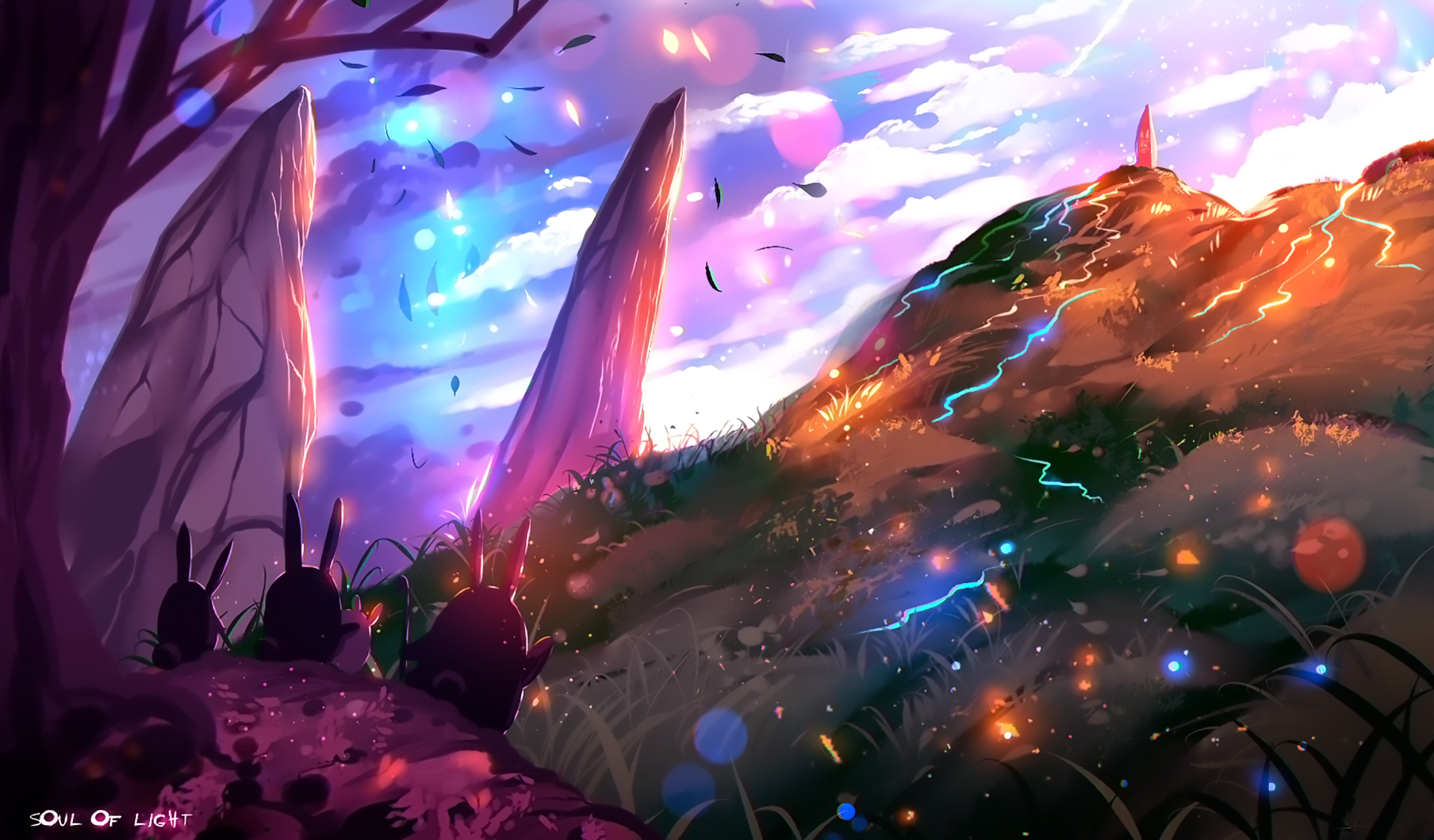 A fantasy landscape with sunlight beaming over a field, featuring glowing bunnies and vibrant colors. The HD desktop wallpaper showcases towering rocks, light effects, and a mystical atmosphere.