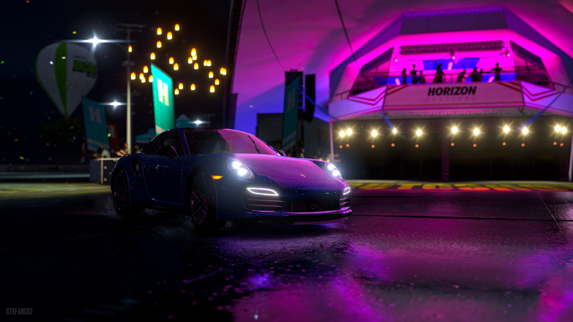 Neon-lit Porsche 911 on wet streets from Forza Horizon 3 (Forza Motorsport series) video game, rendered as a 4K Ultra HD PC desktop wallpaper/background.