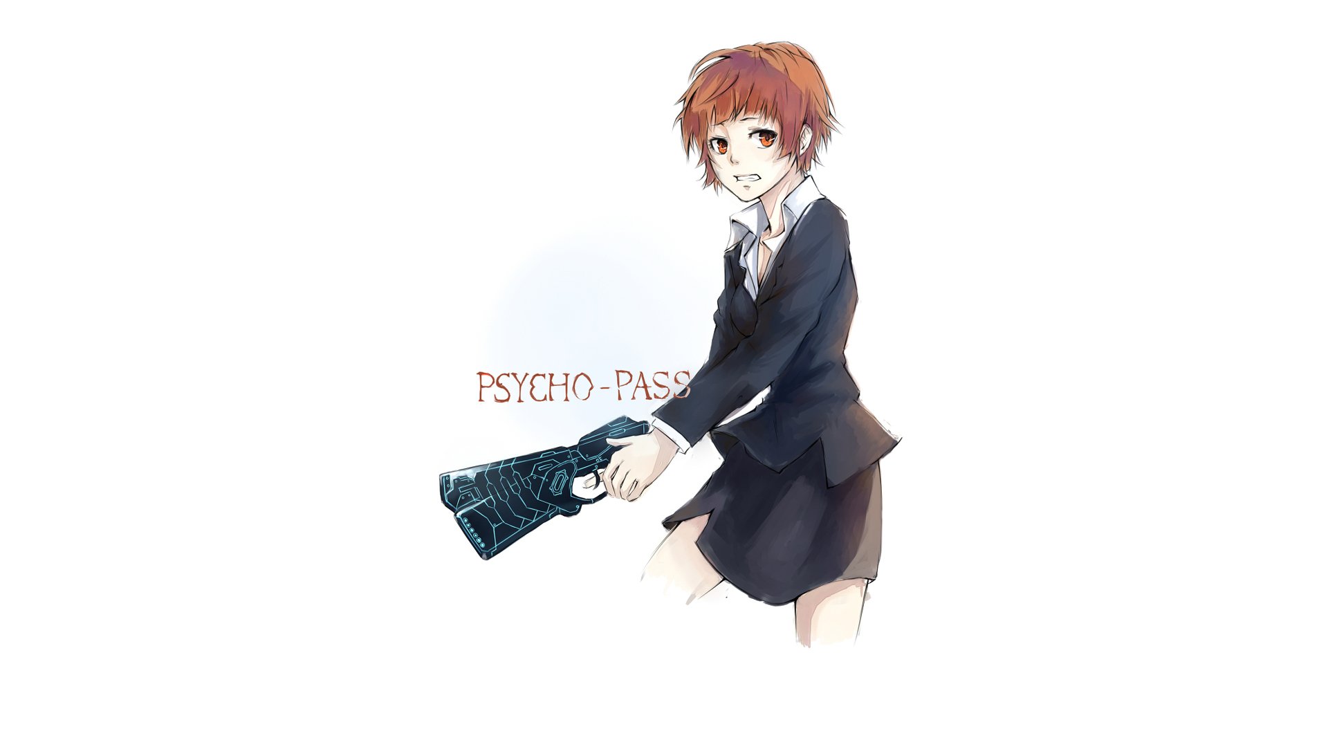 Akane Tsunemori from Psycho-Pass in anime style, in a dark uniform aiming her Dominator; minimalist white HD desktop wallpaper/background with subtle watercolor shading.