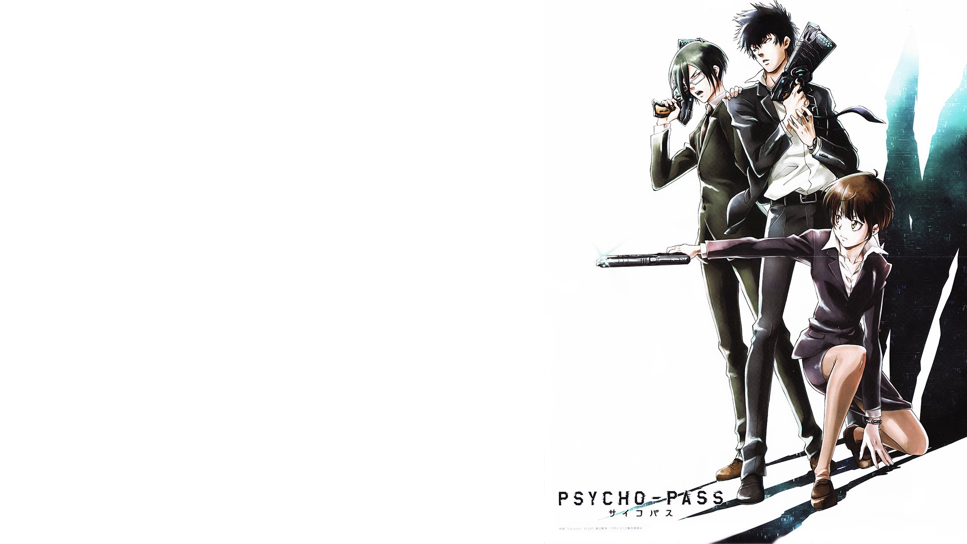 HD PC desktop wallpaper featuring Nobuchika Ginoza, Shinya Kogami, and Akane Tsunemori from the anime Psycho-Pass in a dynamic pose against a white background.