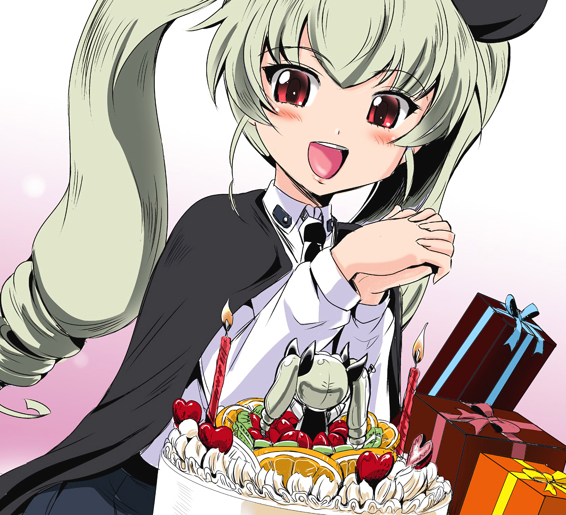 HD PC desktop wallpaper of Anchovy (Girls und Panzer) — anime portrait of her grinning with twin tails, holding a cake with lit candles beside wrapped gifts, pink background.