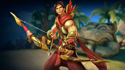HD PC desktop wallpaper featuring Sha Lin from the video game Paladins, poised with his bow ready, set against a tropical background.