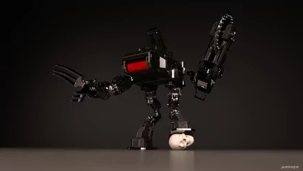 High-tech 3D CGI sci-fi robot with articulated limbs looming over a human skull on a glossy surface — 5K Ultra HD PC desktop wallpaper background.