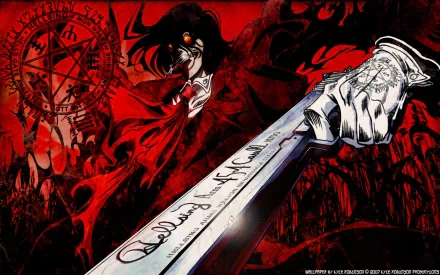 HD wallpaper featuring Alucard from Hellsing. Dressed in red, Alucard, a vampire, holds a gun against a dark, intense background with occult symbols. Anime-inspired action scene.