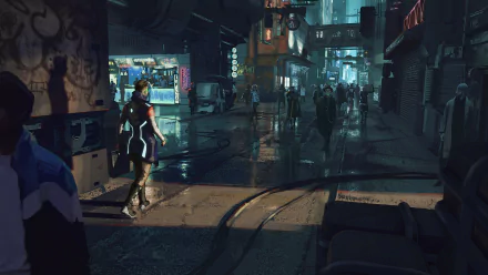 A HD desktop wallpaper featuring a bustling night street in a cyberpunk sci-fi city, filled with neon lights and people in futuristic attire.