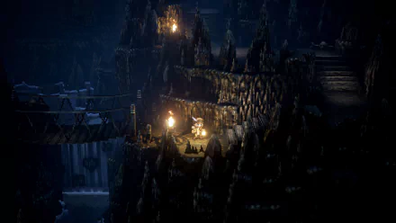 HD desktop wallpaper and background from Octopath Traveler featuring Tressa Colozone in a dimly lit, snowy cave environment.