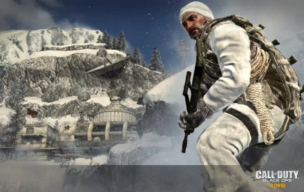 HD PC desktop wallpaper: video game Call of Duty — soldier in white winter camo holding a rifle in a snowy mountain base.