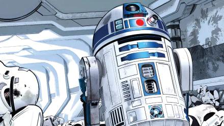 HD desktop wallpaper depicting R2-D2 from Star Wars in a comic-style illustration, with a detailed background and vibrant colors.